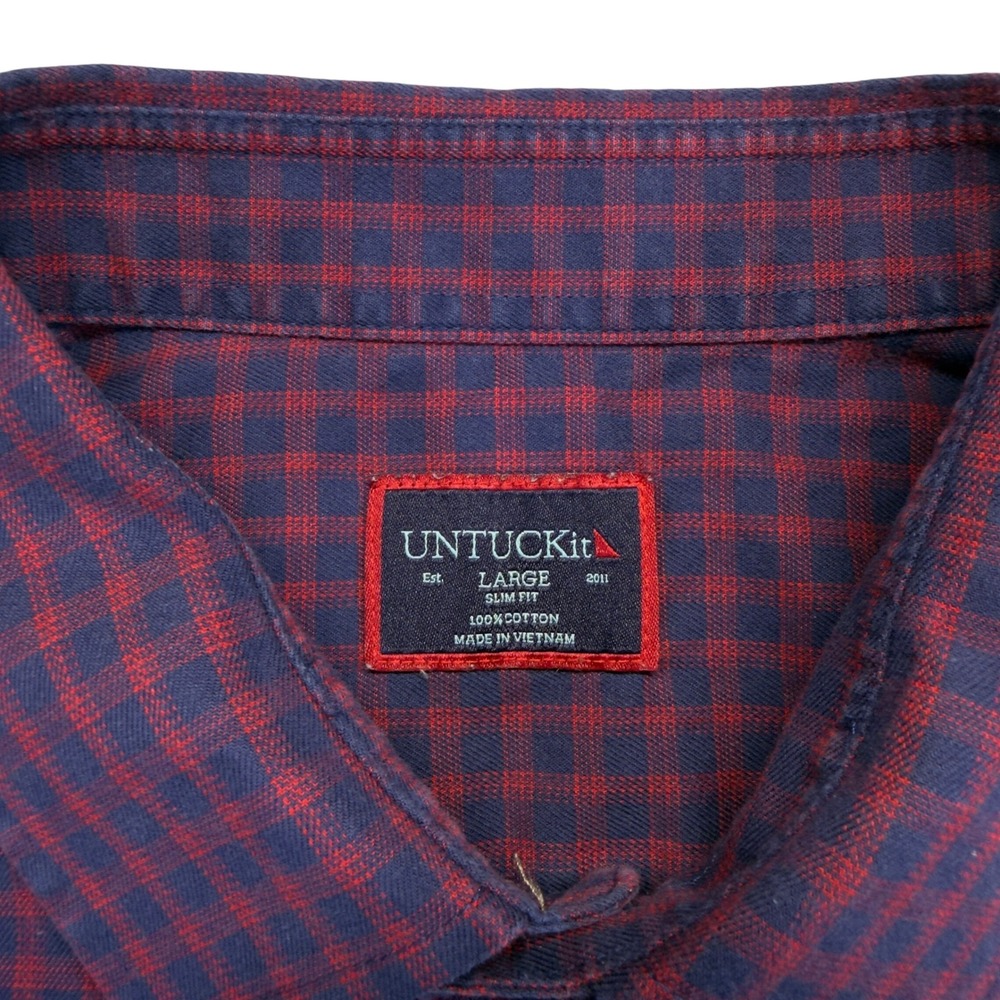 UNTUCKit Button Down Shirt Mens L Slim Fit Plaid Cotton Long Sleeve Navy Red - Picture 4 of 7